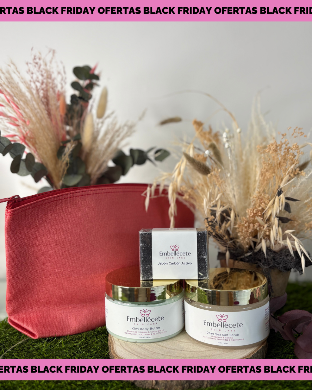 KIT EMBELLECETE- JABON NATURAL- SAL EXFOLIANTE+ MANTEQUILLA NUTRITIVA+ NECESER